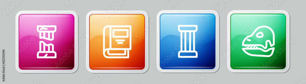Poster set line broken ancient column, history book, ancient and dinosaur skull. colorful square button. ve