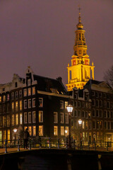 Fototapeta na wymiar The tower of the Zuiderkerk in Amsterdam, the Netherlands, at night