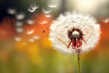  Dandelion seeds blowing in the wind across a summer field background, conceptual image meaning change, growth, movement and direction. High quality photo © Starmarpro