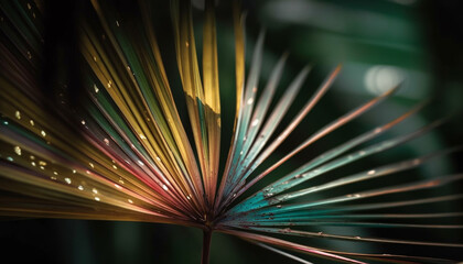 Obraz premium Vibrant green palm tree branch in defocused forest backdrop generated by AI