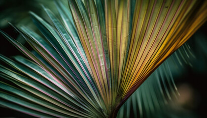 Vibrant palm leaf pattern in tropical rainforest, defocused backdrop beauty generated by AI