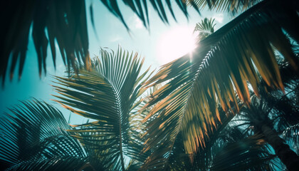 Exotic palm tree branch in tropical sunset, a nature beauty generated by AI