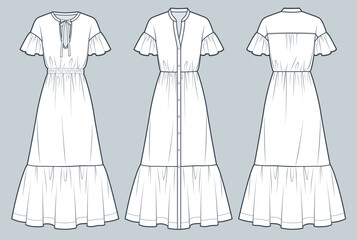 Set of Tiered Dress technical fashion illustration. Flounce Sleeve Dress fashion flat technical drawing template, relaxed fit, maxi length, front and back view, white, women CAD mockup set.