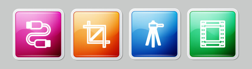Set line USB cable cord, Picture crop photo, Tripod and Camera roll cartridge. Colorful square button. Vector