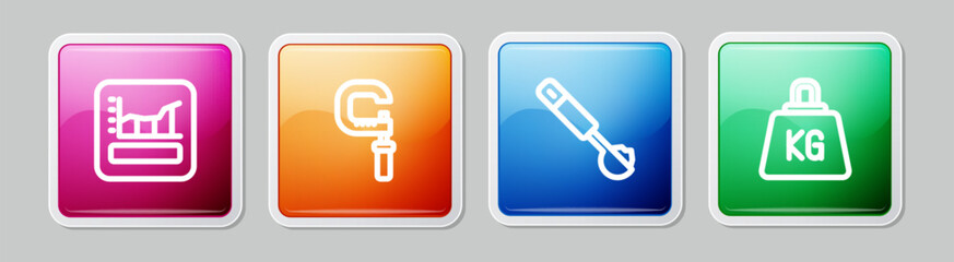 Set line Graph, schedule, chart, diagram, Micrometer, Measuring spoon and Weight. Colorful square button. Vector