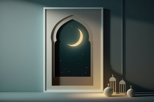 Happy Islamic new year. new lunar Hijri year, with crescent, gold podium, arabic lantern mosque, 1440. Creative photo, poster or banner, greeting card, copy space. Moon.