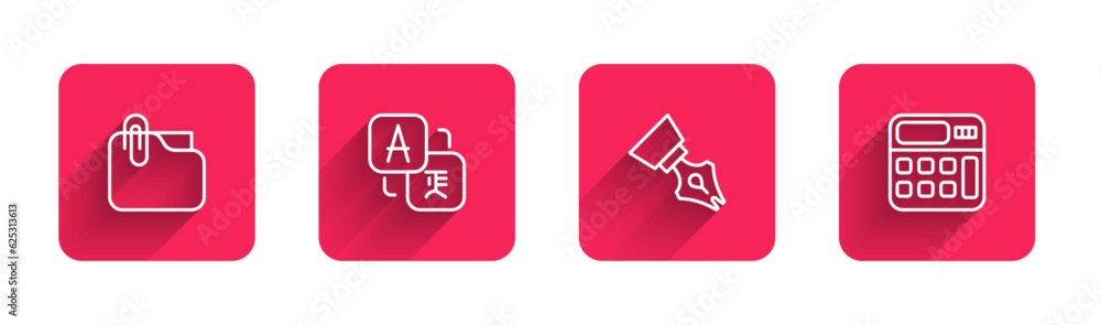 Poster set line document folder with clip, translator, fountain pen nib and calculator with long shadow. re