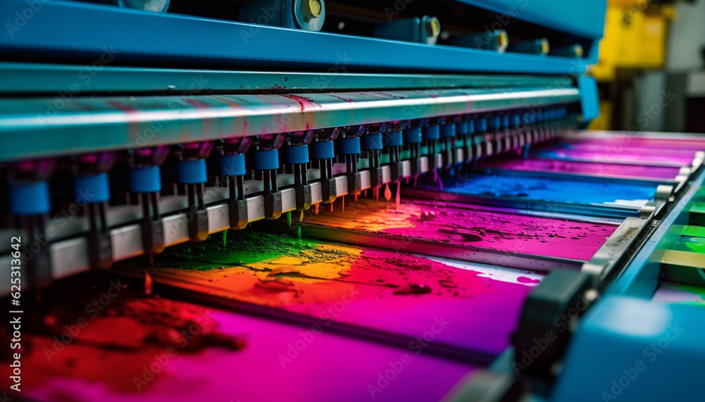 Poster modern textile industry uses automated machinery for multi colored variation generated by ai