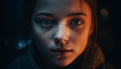 Cute young adult woman with brown hair looking at camera generated by AI