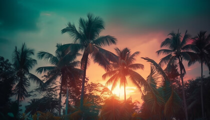Obraz na płótnie Canvas Tranquil sunset over tropical palm tree coastline, nature beauty showcased generated by AI