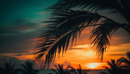 Fototapeta na wymiar Vibrant sunset silhouettes palm tree against blue sky, tropical paradise generated by AI