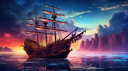 ai generative fantasy illustration of pirate ship in the ocean, in the background colorful galactic sky