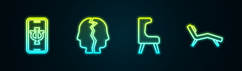 Set line Psychologist online, Bipolar disorder, Armchair and . Glowing neon icon. Vector