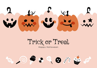 ハロウィンとお菓子の背景イラスト シンプルでポップなかぼちゃオバケ
