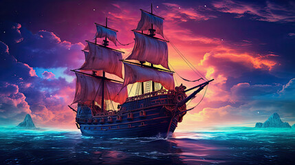 Fototapeta premium ai generative fantasy illustration of pirate ship in the ocean, in the background colorful galactic sky