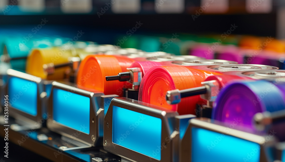 Poster multi colored spools of thread in a row at textile factory generated by ai