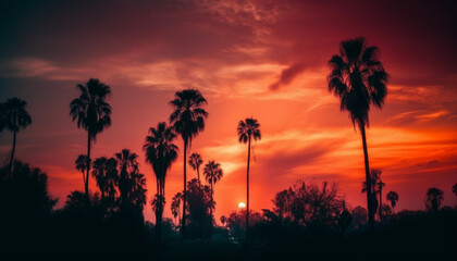Fototapeta na wymiar Idyllic palm tree silhouette against vibrant Caribbean sunset seascape generated by AI