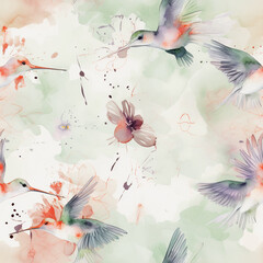 Seamless pattern with exotic hummingbirds in flowers, pastel watercolor style, Generative AI - obrazy, fototapety, plakaty
