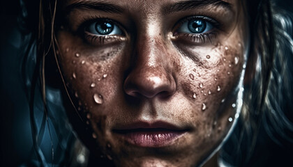 Beautiful young woman with blue eyes looking at camera, wet from raindrop generated by AI