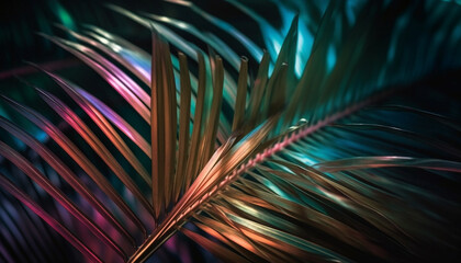 Vibrant palm tree branch in abstract tropical forest backdrop design generated by AI