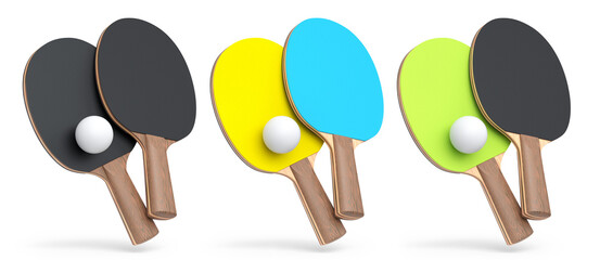 Pair of ping pong rackets for table tennis with ball isolated on white