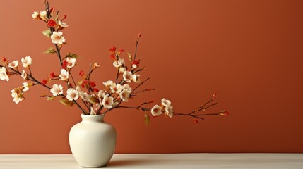 A white vase with flowers in it on a table. Generative AI.