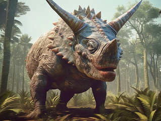 Prehistoric triceratops dinosaur in wild nature, jungle, Generative AI
