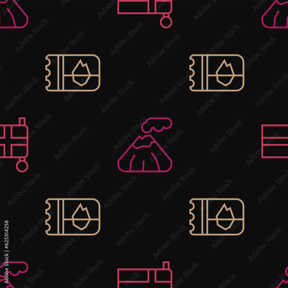 Poster set line flag of iceland, ticket in and volcano on seamless pattern. vector
