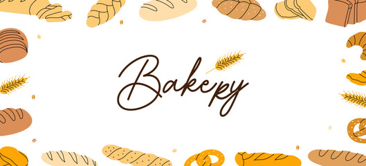 Bakery sketches in horizontal banner. Breads line background. Bakery menu design. Wheat bread, pretzel, ciabatta, croissant, french baguette.