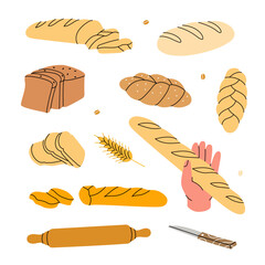 Fresh breads. Breads and pastry banner. Whole grain and wheat bread, pretzel, ciabatta, croissant, french baguette for bakery menu design.