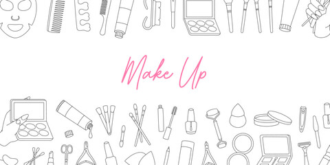 Beauty salon outline banner. Women's cosmetics. Makeup set. Eye shadow, powder, brushes, lipstick, lip gloss, pencil, mascara, blush, mirror, cream.