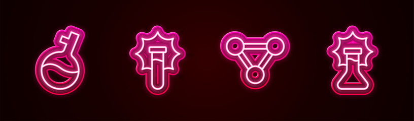Set line Test tube, Explosion in the flask, Molecule and . Glowing neon icon. Vector