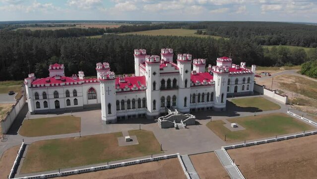 History and architecture concept. Top view of Palace of the Puslovskys in Kossovo. Belarus