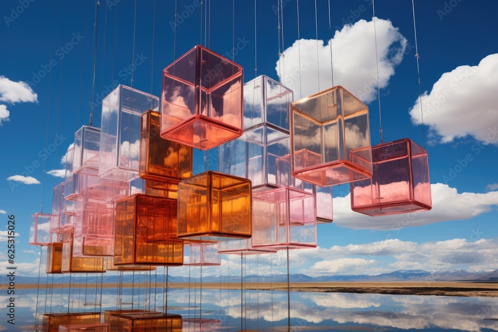 Poster a group of cubes suspended from strings in the sky. generative ai. surreal whimsical landscape.