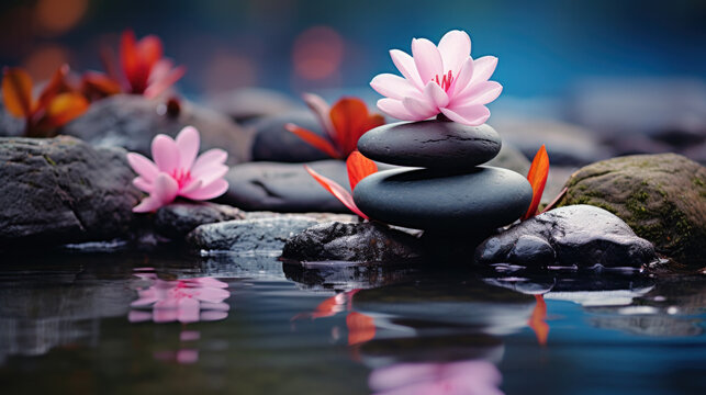 Spa still life with water lily and zen stone in a serenity pool