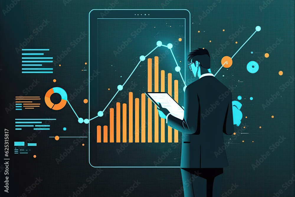 Poster illustration of businessman use tablet for analysing stock market profit on global business data net