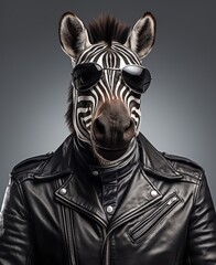 portrait of a zebra wearing glasses and leather jacket