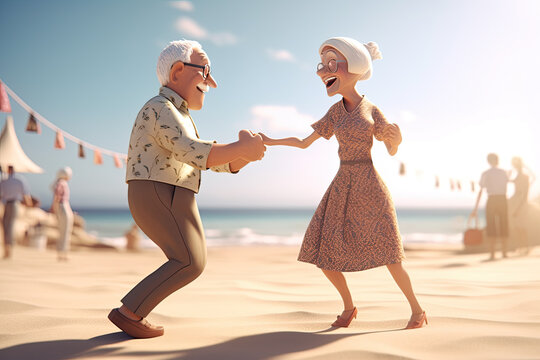 Carefree elderly couple in old-fashioned suits dancing on beach, created with Generative AI