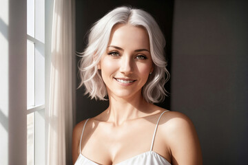 Naklejka premium Portrait of a beautiful woman near window in a bedroom. Generative AI.