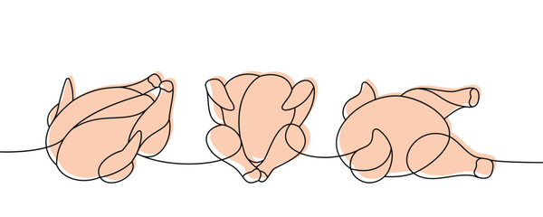 Chicken body meat set one line colored continuous drawing. Chicken meat continuous one line illustration. Vector minimalist linear illustration.