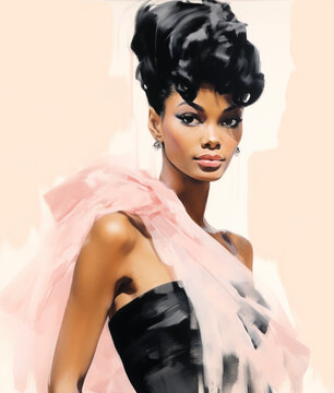 Beautiful fashionable young black woman in evening gown, fashion sketch illustration style