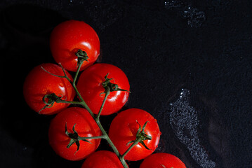 fresh tomatoes on black background with water drops