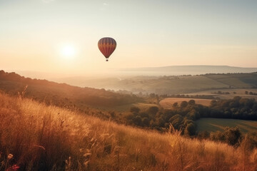 Obraz premium Beautiful inspirational landscape with hot air balloon flying in the sky, travel destination