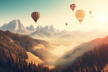 Beautiful inspirational landscape with hot air balloon flying in the sky, travel destination