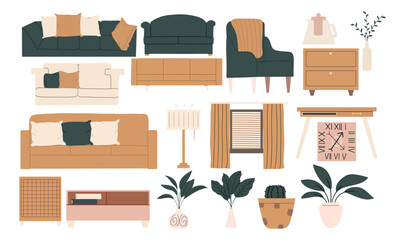 A set of modern furniture in classic, Scandinavian styles. Sofa, armchair, table, bedside table, clock, lamp, kettle, vase. Vector illustration