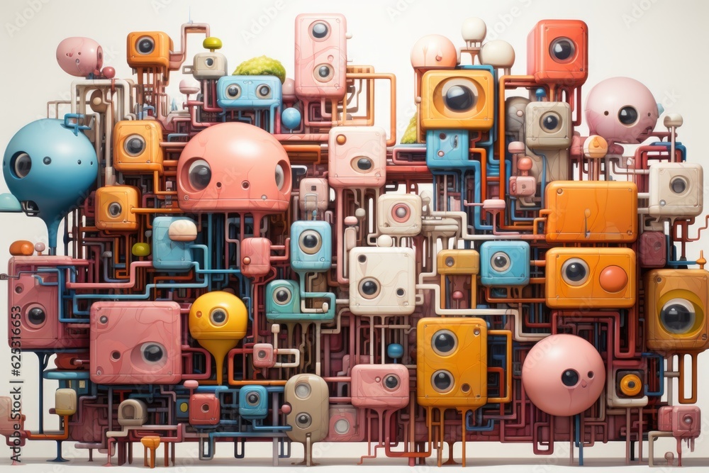 Poster a bunch of different colored robots on a white surface. generative ai. surreal urban landscape.
