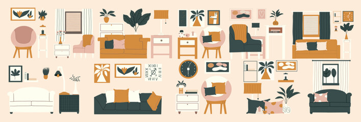 Large set of interior designs in Scandinavian and.contemporary styles. A set of different furniture in the living room. Vector illustration in hand drawn style