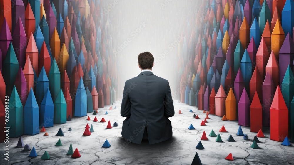 Poster a man in a suit sitting in front of a wall of colorful cones. generative ai.