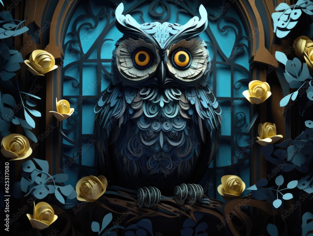 Poster an owl sitting on a branch in front of a window. generative ai.