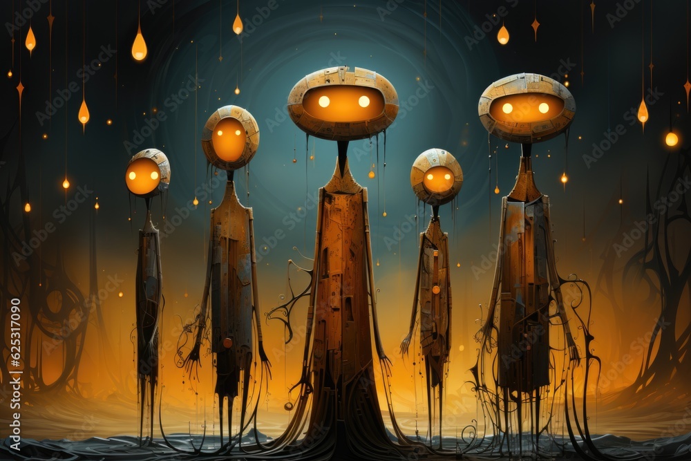 Poster a painting of a group of strange looking objects. generative ai.